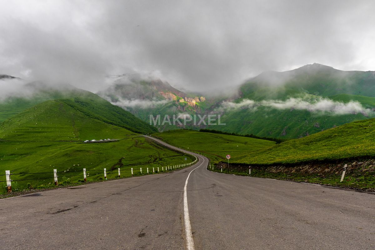 Kazbegi Mountainous Landscape Winding Road Leading Towards - 5724×3816 stock photo