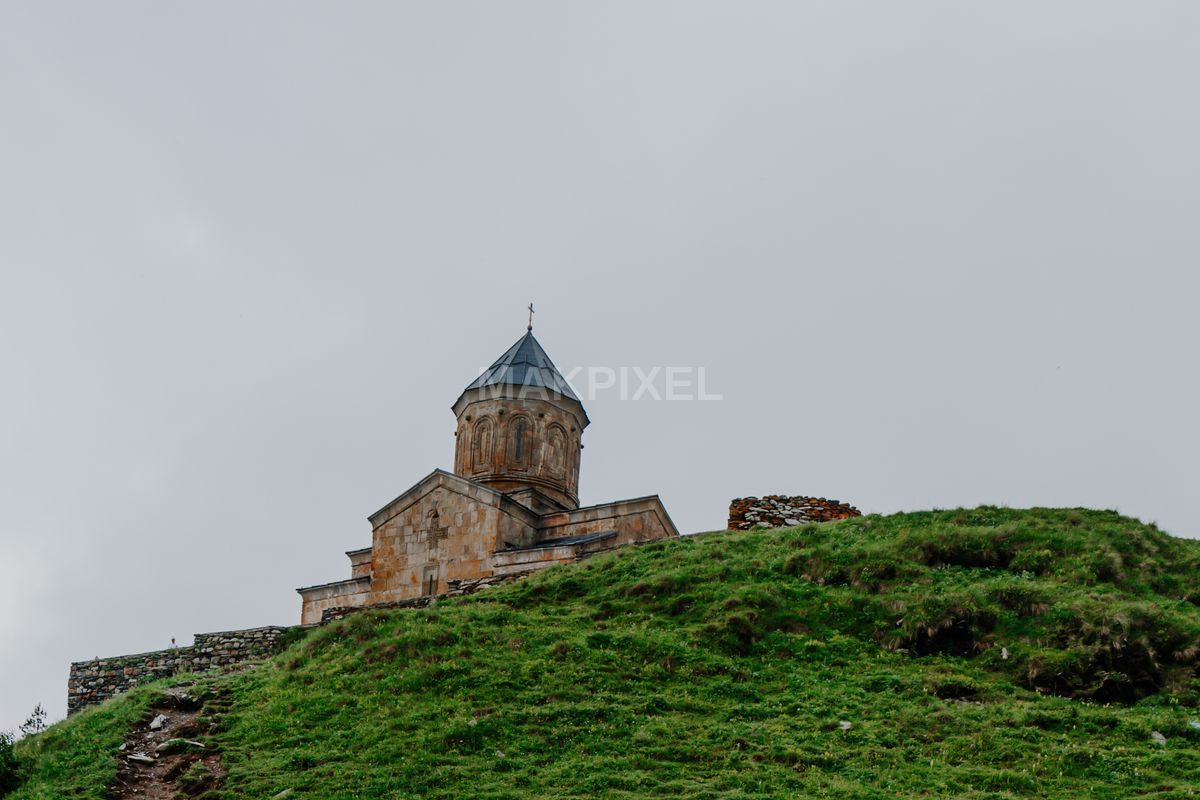 Kazbegi Historic Stone Church Situated Hilltop Clear Above. - 3025×2017 stock photo