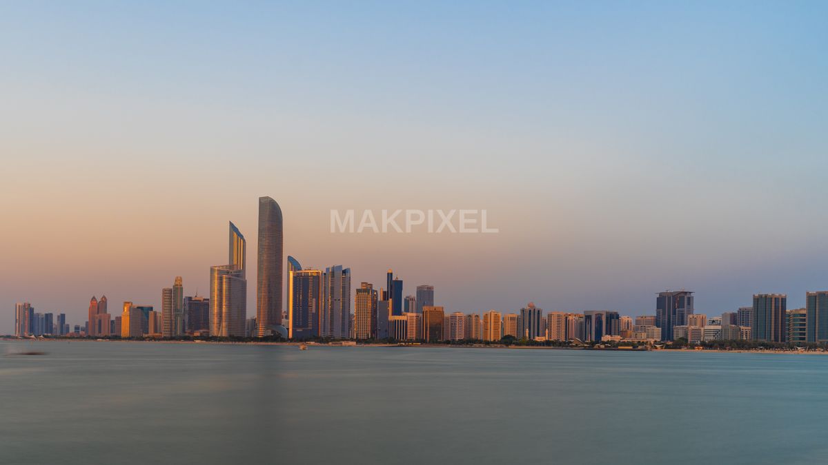 Abu Dhabi Panoramic Photograph Capturing Cityscape Sunset - 7540×4241 stock photo