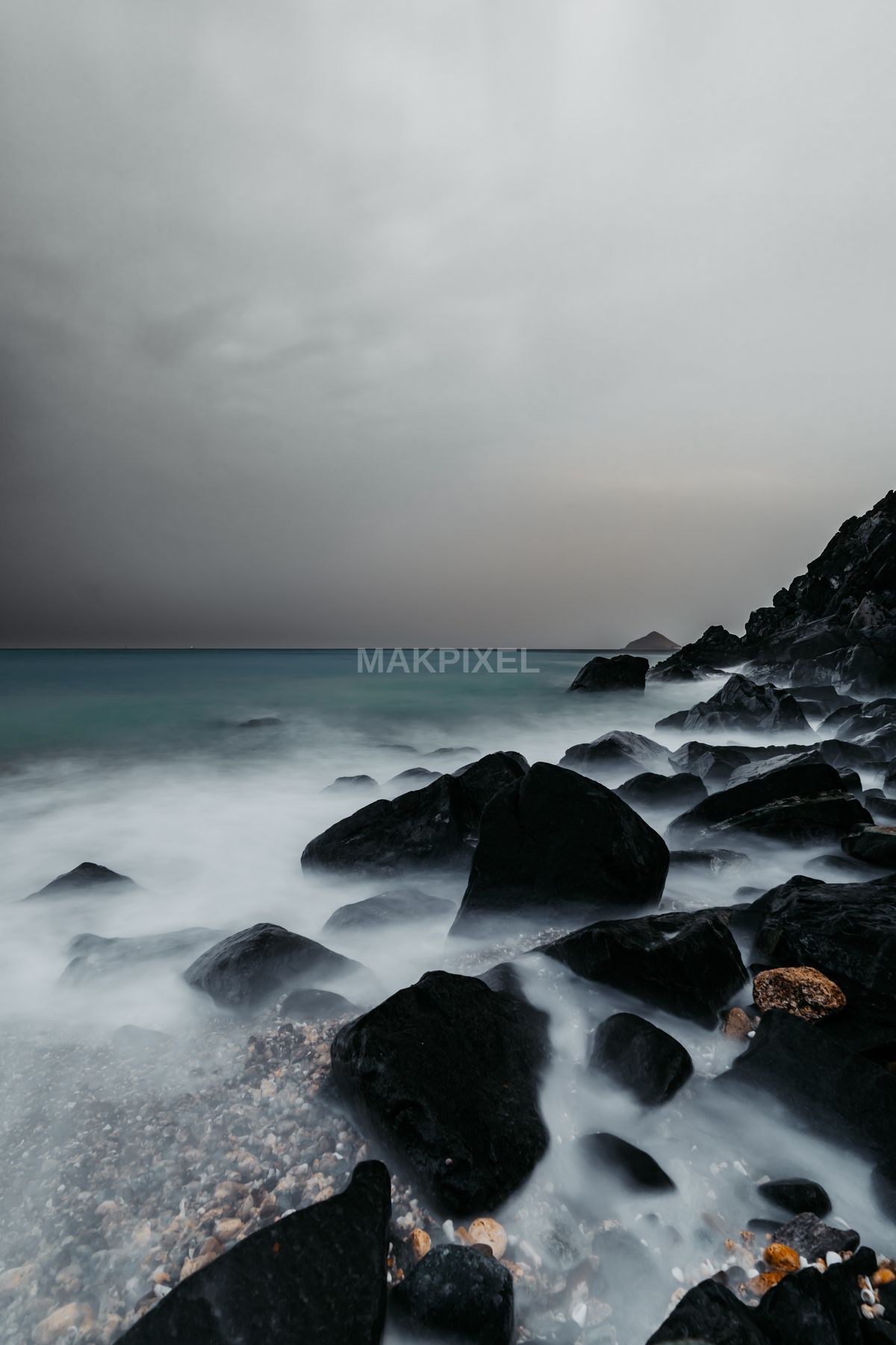 Coastal Scene Focus Ocean Shoreline. Foreground Shows Rocky - 5587×8381 stock photo