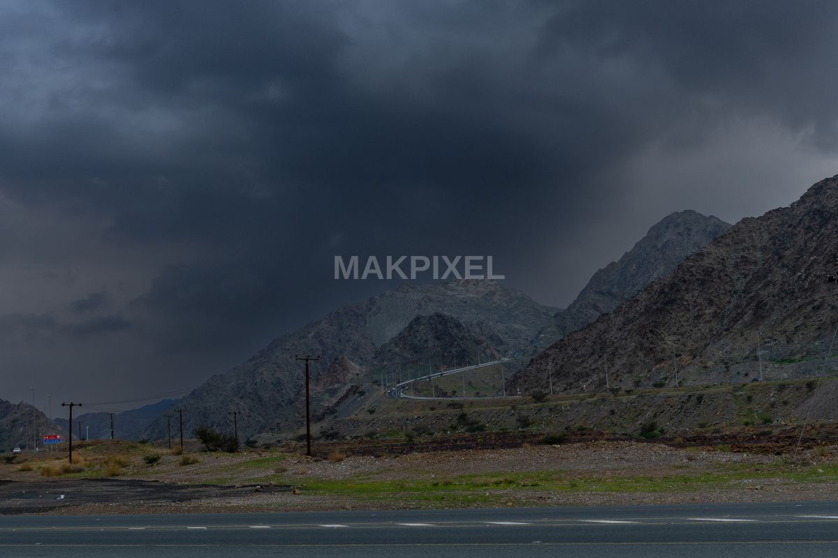 Stormy Over Mountain Road, Masafi Dramatic Landscape, Rocky - 6544×4363 stock photo