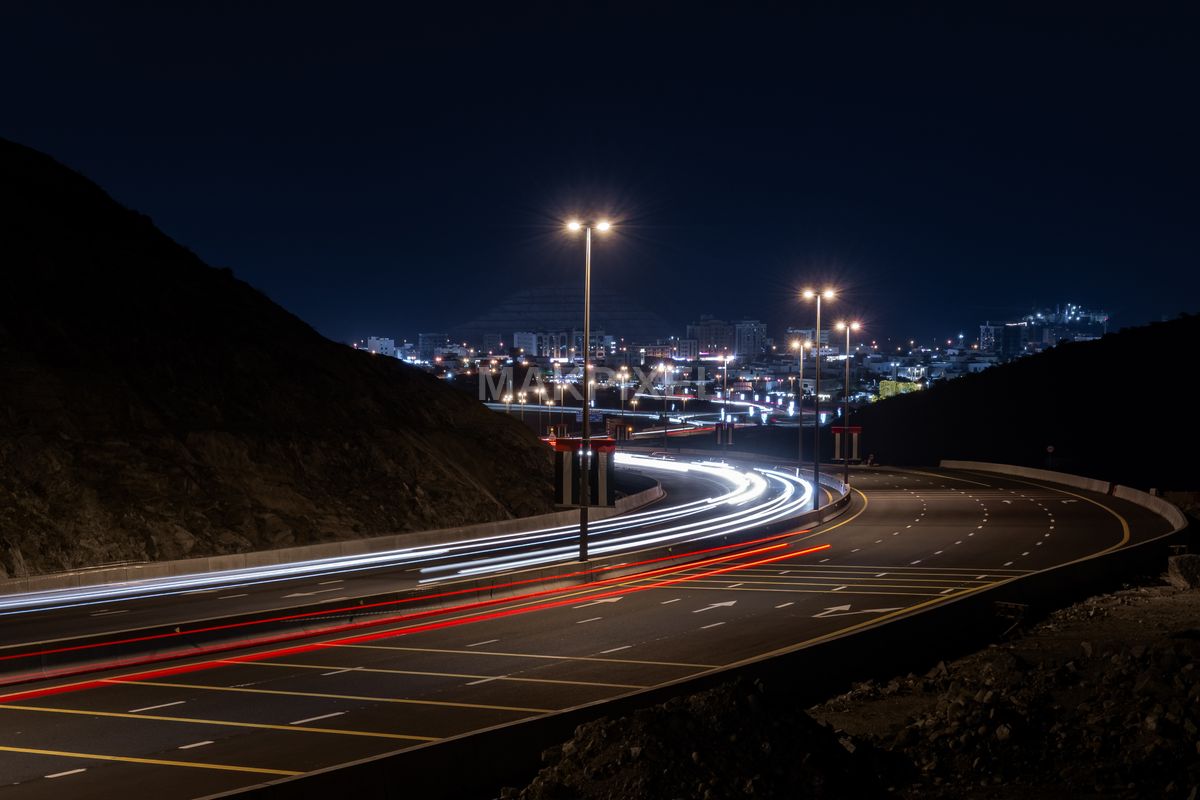 Night Highway Light Trails, Masafi City Skyline, Modern - 4356×2904 stock photo