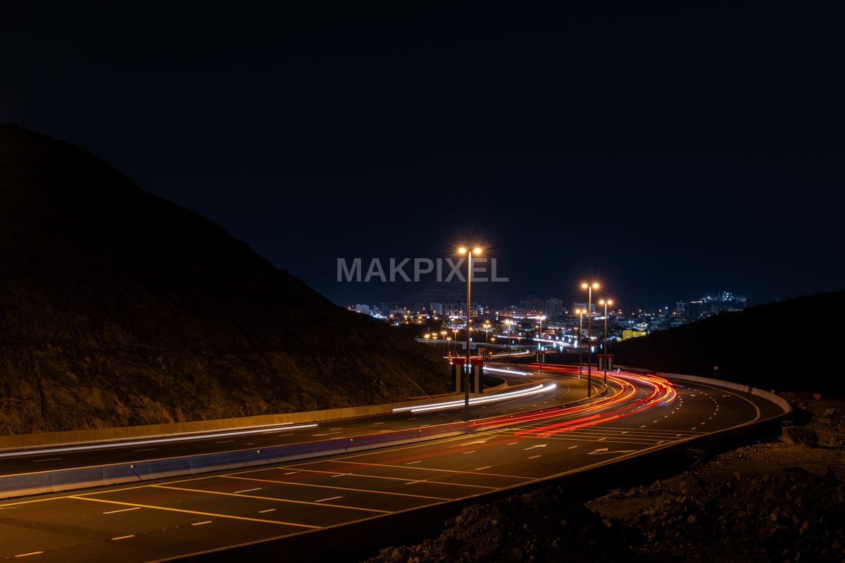 Night Highway Light Trails, Masafi City Skyline, Modern - 6176×4117 stock photo