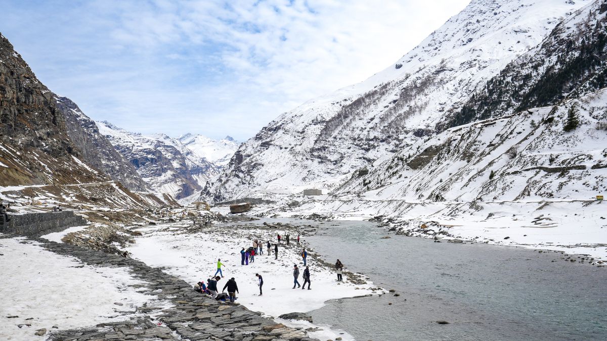 Atal Tunnel Snow Valley, Himachal Pradesh Tourists Enjoying - 7008×3942 stock photo