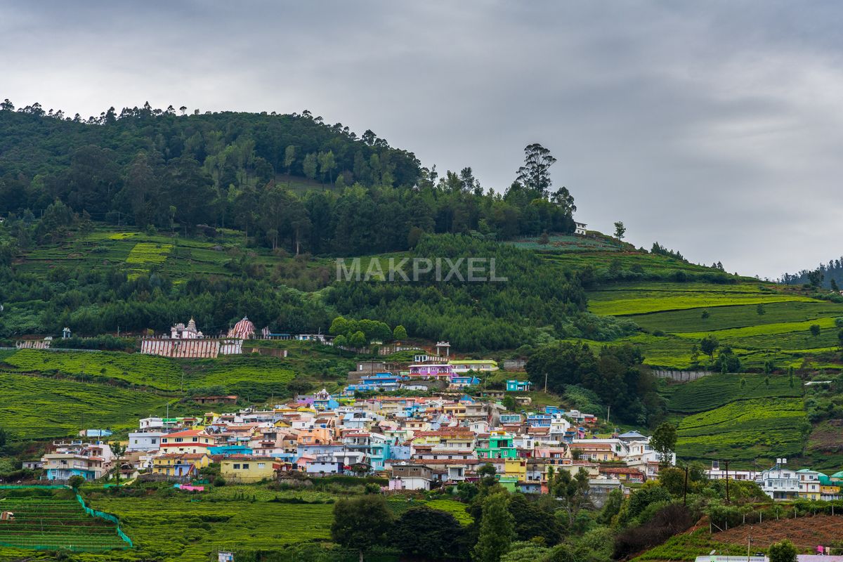 Colourful Village Nilgiris Hills, Ooty Misty Green Estates - 5328×3552 stock photo