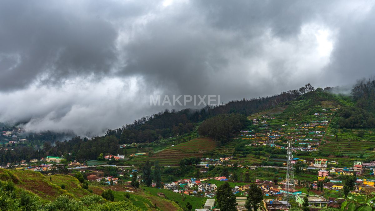 Ooty Hills and Colorful Town Under Monsoon Clouds - 6131×3449 stock photo