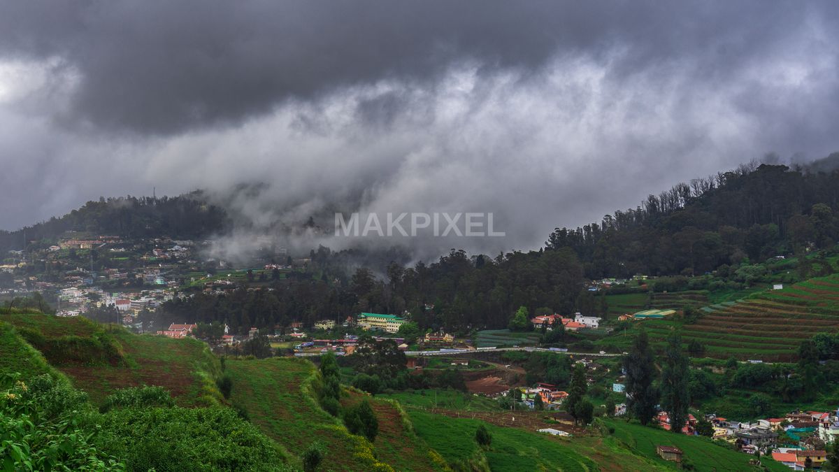 Ooty Hills Colorful Town Under Monsoon Clouds View Ooty - 5529×3110 stock photo