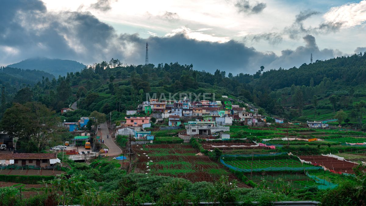 Colorful Village in Ooty Hills – Monsoon Clouds, Lush Farming Plots - 5739×3228 stock photo