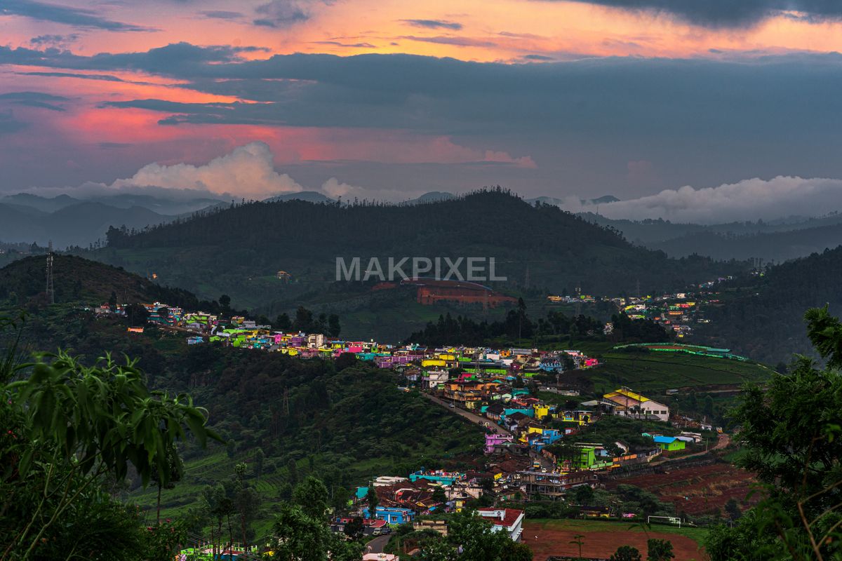 Colorful Village in Nilgiris Hills at Sunset – Vibrant Houses, Monsoon - 5988×3992 stock photo