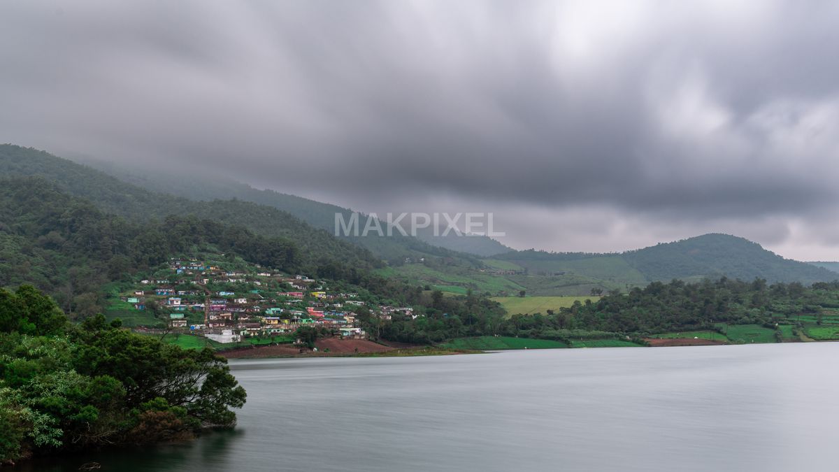Village by the Lake Under Monsoon Clouds, Ooty - 5770×3246 stock photo