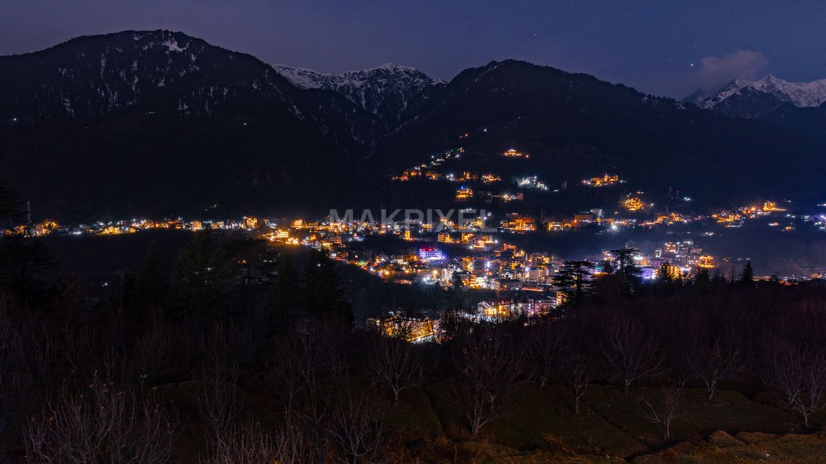 Night Cityscape Himalayan Hill Station | Illuminated Mountain Village - 5859×3296 stock photo