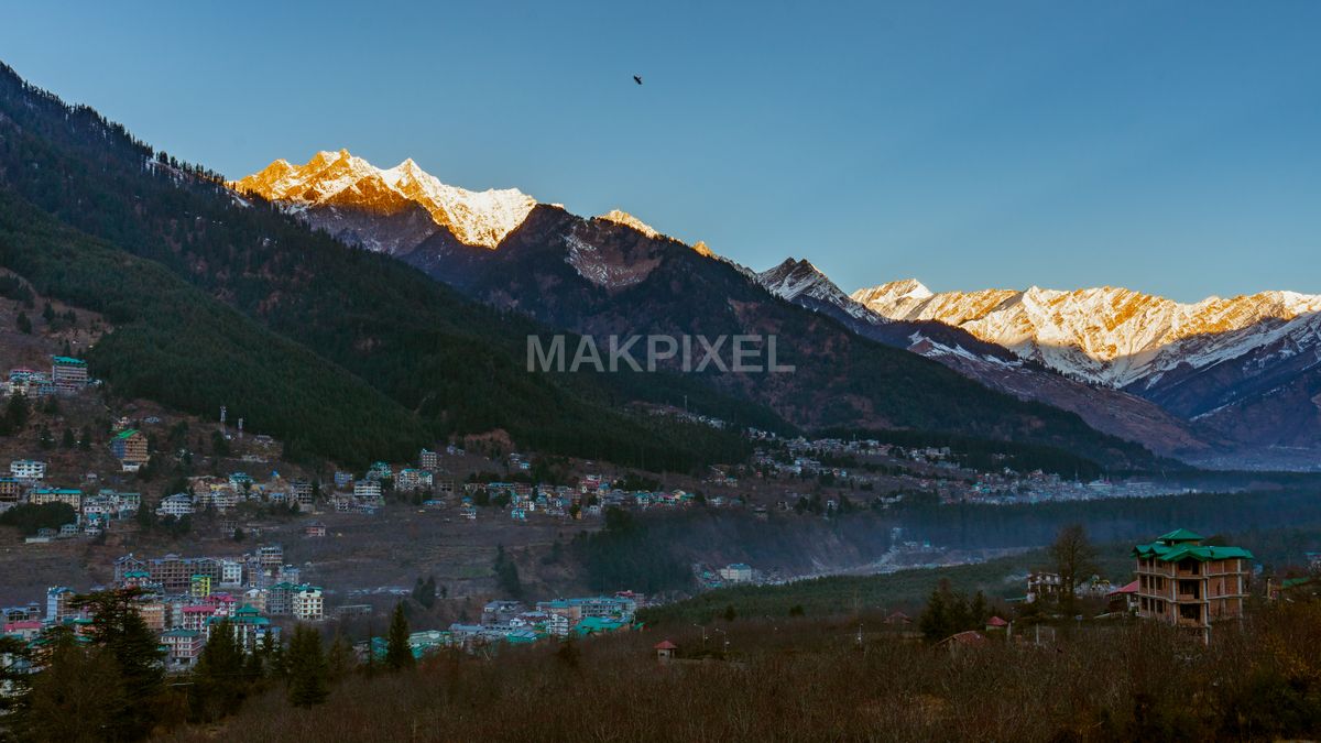 Golden Sunrise Snow Peaks Himalayan Town - 6427×3615 stock photo