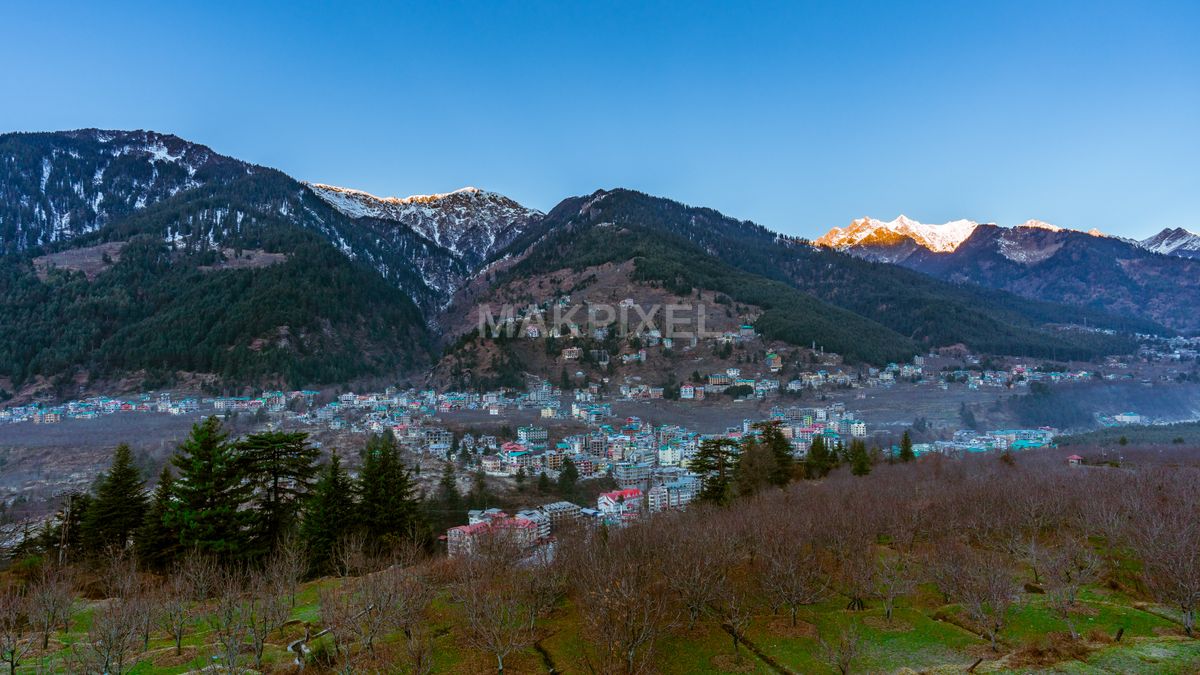 Morning Sunlight Snow Peaks Himalayan Mountain Town - 6547×3683 stock photo