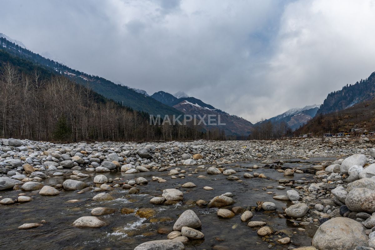 Rocky River Valley Forest Himalayan Mountains | Panoramic Landscape - 5508×3672 stock photo