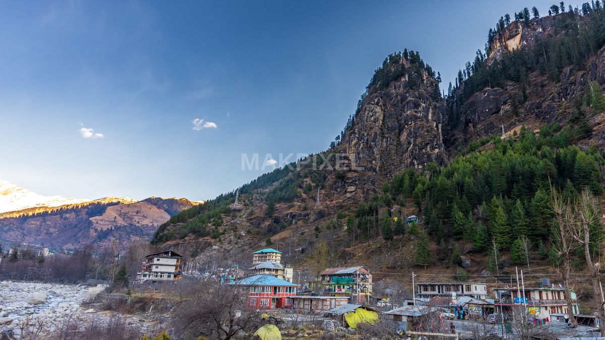 Himalayan Mountain Cliff Village Forest Scenic Landscape - 5676×3193 stock photo