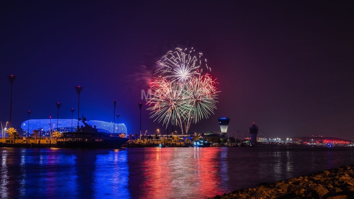 Yas Marina Abu Dhabi Fireworks Night | Illuminated Waterfront - 4472×2516 stock photo