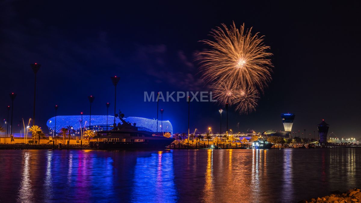 Yas Marina Abu Dhabi Fireworks Night | Illuminated Waterfront - 3835×2157 stock photo