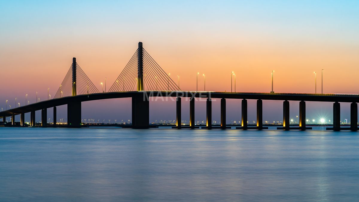 Hudariyat Bridge Abu Dhabi Sunset | Modern Cable-Stayed Landmark Over - 5835×3282 stock photo