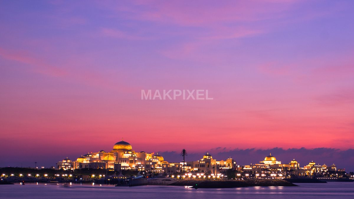 Qasr Al Watan Palace Illuminated at Sunset – Twilight Skyline - 3666×2062 stock photo