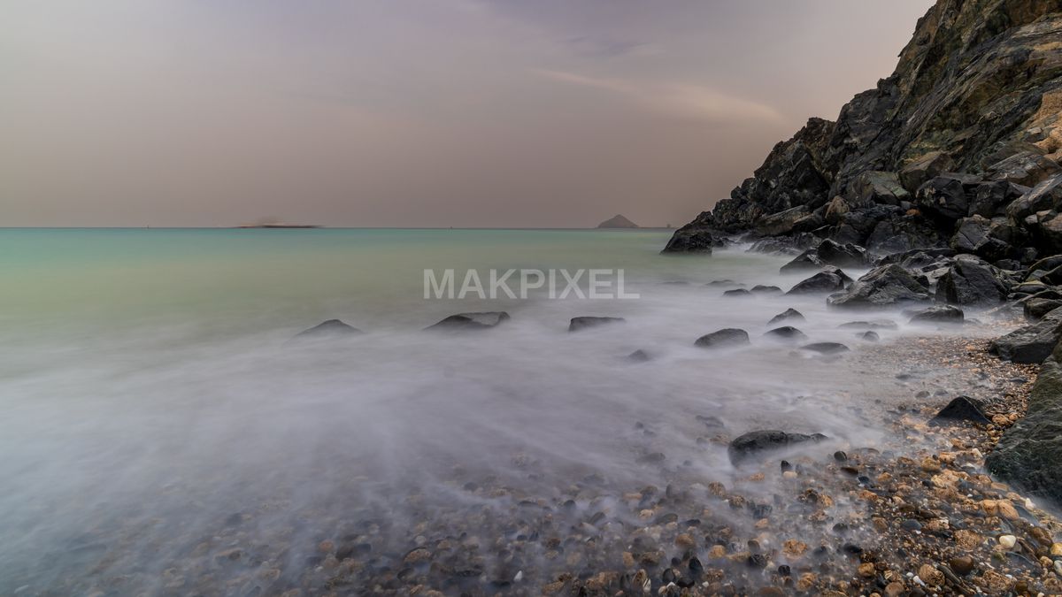 Khorfakkan Beach Long Exposure Coastal Scene Long Exposure - 8474×4767 stock photo