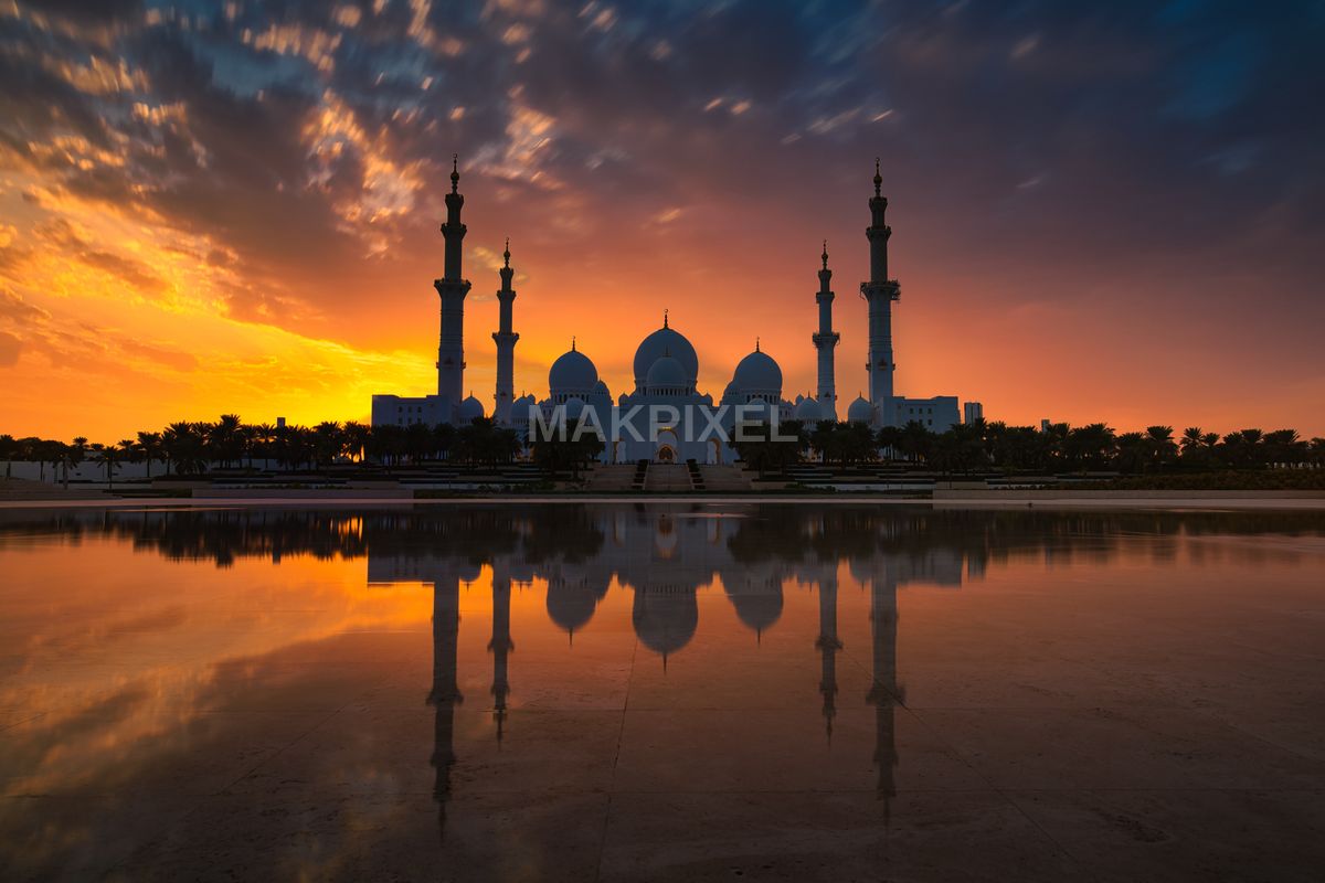 Sheikh Zayed Grand Mosque at Sunset with White Domes and Golden Hour #1 - 8300×5533 stock photo
